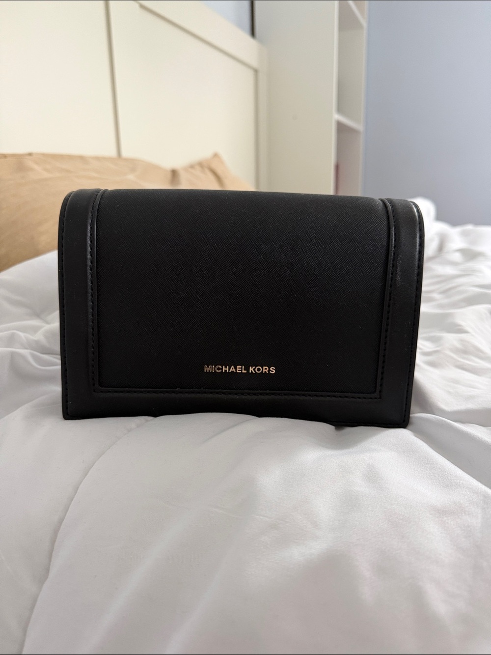 Michael Kors Black Saffiano Leather Mini Shoulder Bag with Gold Logo